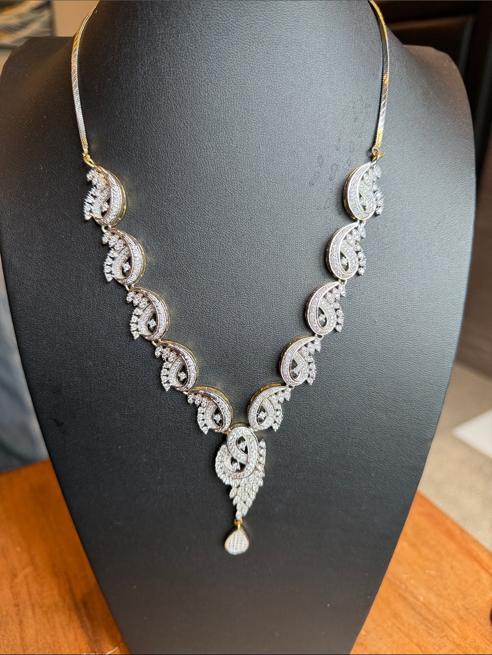 Elegant Gold and Silver Paisley Crystal Necklace